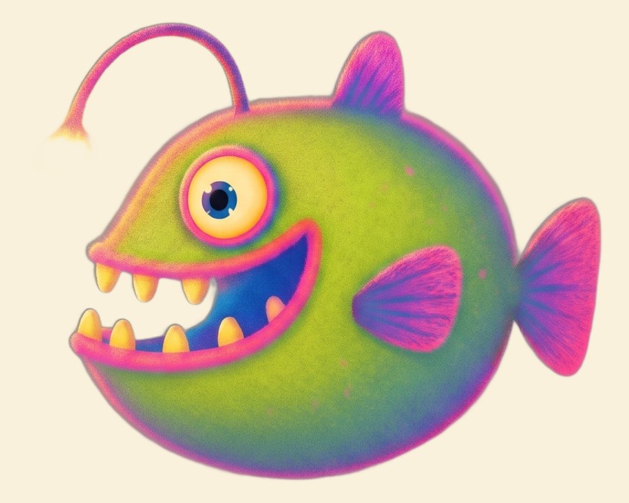 The canonical ANGLER fish: a green fuzzy anglerfish with a glowing yellow lure.